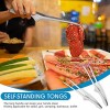 Korean and Japanese BBQ Tongs Self-Standing Grill Tongs Non-Slip Cooking Utensils Stainless Steel Tongs for Serving Food Salad Camping Barbecue Buffet Oven with Support Stand Silver,2 Pieces