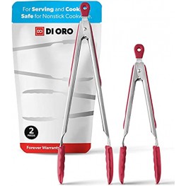 New DI ORO 2-Piece Kitchen Tongs Set 9-Inch and 12-Inch – Stainless Steel with Non-Stick 480F Heat-Resistant Silicone Tips – Great Tool for Cooking Serving and Barbecuing Dishwasher Safe Red