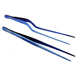 O'Creme Culinary Stainless Steel Tweezer Tongs Set of 2 One 10 Inch Straight and One 8 Inch Offset Blue Color