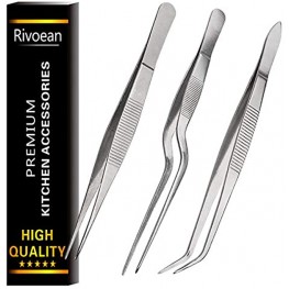 Rivoean Kitchen Cooking Tweezers Culinary,3 Piece Set Stainless Steel Tweezer Precision Tongs Offset Tip for Cooking Food Design styling6.3-Inch