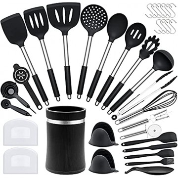 43 Pcs Silicone Kitchen Cooking Utensils Set CEKEE Heat-Resistant Kitchen Utensil Set with Holder Nonstick Cookware Set with Stainless Steel Handle Kitchen Spatula Gadgets BPA Free Black