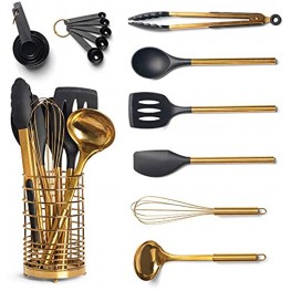 Black & Gold Kitchen Utensils with Metal Gold Utensil Holder -17PC Gold Cooking Utensils Set Includes Black & Gold Measuring Cups and Spoons Set-Gold Kitchen Accessories Silicone Cooking Utensils Set