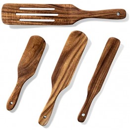 Gennua Kitchen Wooden Spurtle Set: 4 Natural Teak Spurtles for Stirring Mixing Scooping Scraping & More Wood Kitchen Utensils Set with Slotted Medium Mini & Slim Spoon-Spatula Spurtles