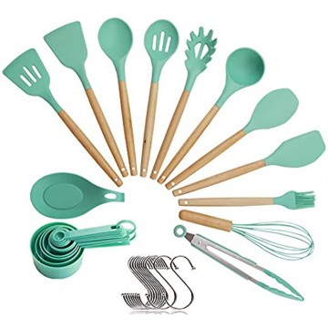Kitchen Gadgets Wooden Silicone Kitchen Cooking Utensils Set with Holder for Countertop Turner Tongs Spatula Spoon Utensil Sets for Nonstick Cookware Kit Drying Non Toxic