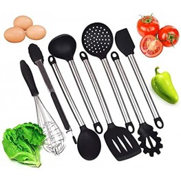 Kitchen Utensils Set 8 Silicone Cooking Utensils Stainless Steel Handle-Tongs Spoon Pasta Server Ladle Strainer Metal Whisk and 2 Spatulas