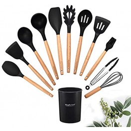 Maphyton Silicone Cooking Utensils Nonstick Heat Resistant Kitchen Utensil Set with Natural Wood Handle Black