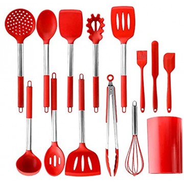 PENGWING 14PCS Red Silicone Kitchen Utensil Set with Holder Silicone Cooking Utensil Set Heat Resistant Non Stick BPA Free with Stainless Steel Handle Dishwasher Safe