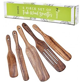 PreZervers 5 Piece Set of Teak Wood Spurtles-Wooden Curved Utensils-Multipurpose Kitchen Essentials Tools-Heat Resistant Non-Stick Wooden Spoon Cookware