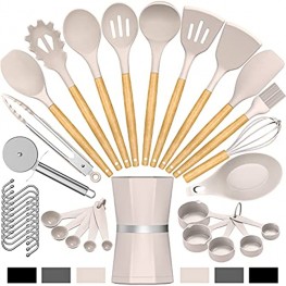 Silicone Cooking Kitchen Utensil Set Umite Chef 34pcs Heat Resistant Kitchen Utensils with Holder Khaki Kitchen Spatula Set with Wooden Handle Kitchen Gadget Tools for Nonstick CookwareBPA Free