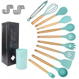 Silicone Cooking Utensil Set 12 Pcs Kitchen Utensils Non-stick Heat Resistant Silicone Kitchen Gadgets Cookware Set Wooden Handles Turner Tongs Spatula Spoon Kitchen Tool Set Green