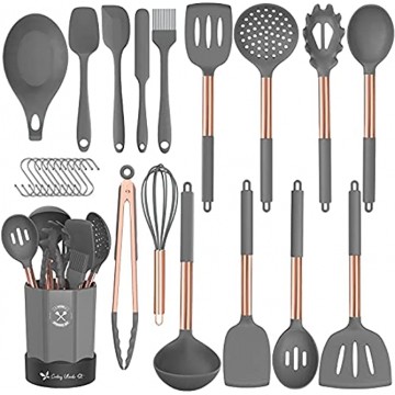 Silicone Cooking Utensil Set Estmoon 26pcs Non-stick Cooking Utensils Kitchen Utensil Set BPA-Free Spatula Set Heat Resistan Rose Gold Stainless Steel Handle Kitchen Tools Set for Cookware Gray