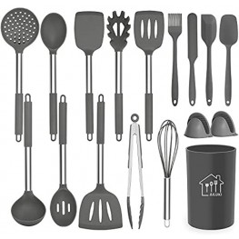 Silicone Cooking Utensil Set,Kitchen Utensils 17 Pcs Cooking Utensils Set,Non-stick Heat Resistant Silicone,Cookware with Stainless Steel Handle Grey