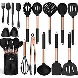 Silicone Cooking Utensils Kitchen Utensil Set Fungun 16 pcs Kitchen Gadgets Tools Set with Holder-Copper Stainless Steel Handles 446°F Heat Resistant Spatula Set for Non-Stick CookwareBlack