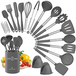 Silicone Kitchen Cooking Utensils Set Deedro Cooking Utensils 17 Pcs Heat Resistant Kitchen Utensils Set Non-Stick Silicone Kitchen Gadgets Spatula Set with Stainless Steel Handle Gray