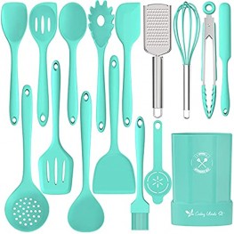 Silicone Kitchen Utensils Set 16-Piece Silicone Cooking Utensils by Deedro Heat Resistant Kitchen Tools Set with Holder Nonstick Spatula Kitchen Gadgets for Cooking & Baking Green