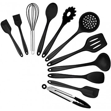 TeamFar Kitchen Cooking Utensils 11 PCS Black Silicone Cooking Utensils Spatula Set Heat Resistant For Nonstick Cookware Perfect for Cooking Baking Mixing Healthy & Non Scratch Dishwasher Safe