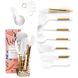 White and Gold Cooking Utensils with Holder 18 PC Gold Kitchen Utensils Set Includes White Cooking Utensils Gold Utensil Holder White & Gold Measuring Cups and Spoons Gold Kitchen Accessories