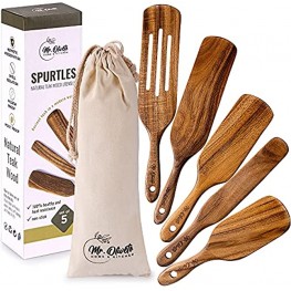 Wooden Spurtle Set of 5 Premium Teak Wood Kitchen Utensils with Hanging Hole Non-stick Spatula for Cooking Healthy and Heat Resistance Slotted Spurtles for Stirring Mixing Serving Applying