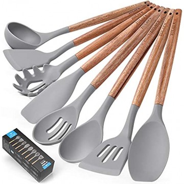 Zulay 8 pcs Silicone Kitchen Utensils For Cooking Non-stick Silicone Cooking Utensils With Acacia Wood Handle Heat Resistant & Flexible Silicone Kitchen Utensils Set