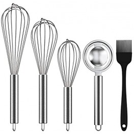 Ouddy 3 Pack Stainless Steel Whisk 8+10+12 Wire Wisk Kitchen Tool Set Whisks for Cooking Blending Whisking Beating Stirring with Egg Separator and Silicone Cooking Brush