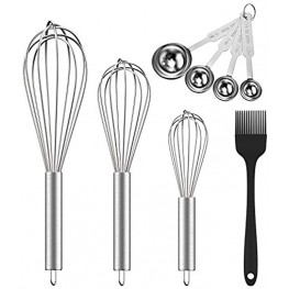 Ouddy 5 Pack Stainless Steel Whisk Set 8"+10"+12" Wire Wisk Kitchen Tool Wisk Utensil for Cooking with Stainless Steel Measuring Scoop Set & Cooking Brush for Blending Whisking Beating and Stirring