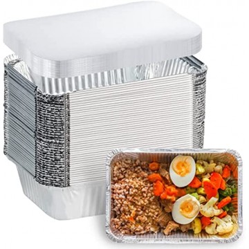 50 Pack Aluminum Foil Pans Disposable 8.5×6×2 Foil Food Containers with Lids 2.25 LB Heavy Duty Tin Foil Pans 50 Containers and 50 Lids for Cooking Baking Meal Prep and Freezer Takeout