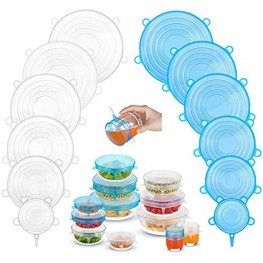 Silicone Stretch Lids 12 Pack 2 Color Zero Waste Reusable Silicon Container Lid for Cover Leftover Food and Fruit or Bowl Blue and White）