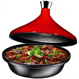 Bruntmor Fire Red Cast Iron Moroccan Tagine 4-Quart Cooking Pot with Silver knob Enameled Base and Cone-Shaped Ceramic Lid Good for Baking and Frying Oven and Dishwasher safe