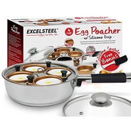 ExcelSteel Non Stick Easy Use Rust Resistant Home Kitchen Breakfast Brunch Induction Cooktop Egg Poacher 4 Cup Gold Tone